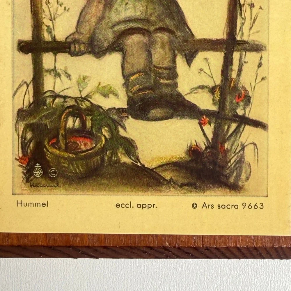 Vintage Hummel Wood Plaque Handcrafted Girl on Fence Art Old‎ World Cottagecore